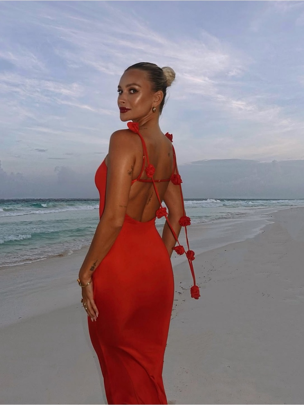 Backless Red Maxi Dress with Decorative Tie Straps